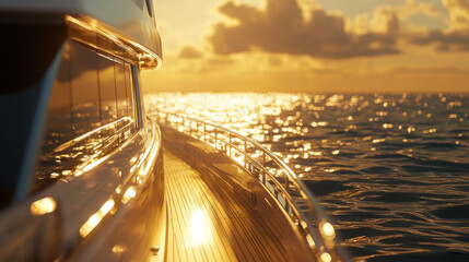 luxurious yacht deck at sunrise, bathed in golden sunlight reflecting on calm ocean waves, creating serene and tranquil atmosphere