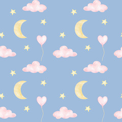 Fototapeta premium moon, clouds, balloon, stars. Watercolor seamless pattern on purple background in pastel colors. Cute girly illustration for little princesses