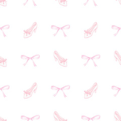 shoes, bows. Watercolor seamless pattern on white background in pastel colors. Cute girly illustration for little princesses
