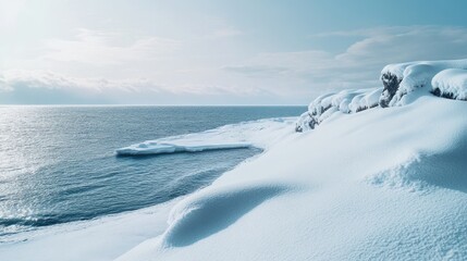 A serene snowy landscape with a steep cliff overlooking the vast ocean