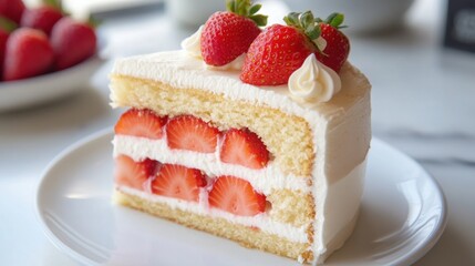 Strawberry Cream Cake Slice on Plate: Fresh and Delicious. Strawberry Shortcake
