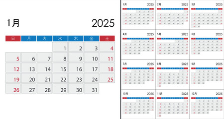 Calendar 2025 on Japanese language, week start on Sunday.