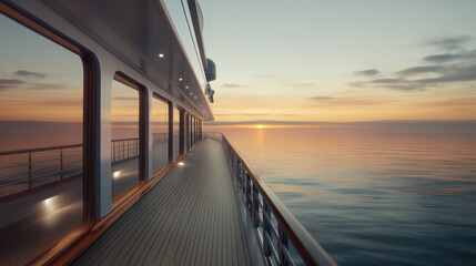 Fototapeta premium luxury yacht deck at dawn, showcasing soft morning light over calm waters. serene atmosphere invites relaxation and tranquility