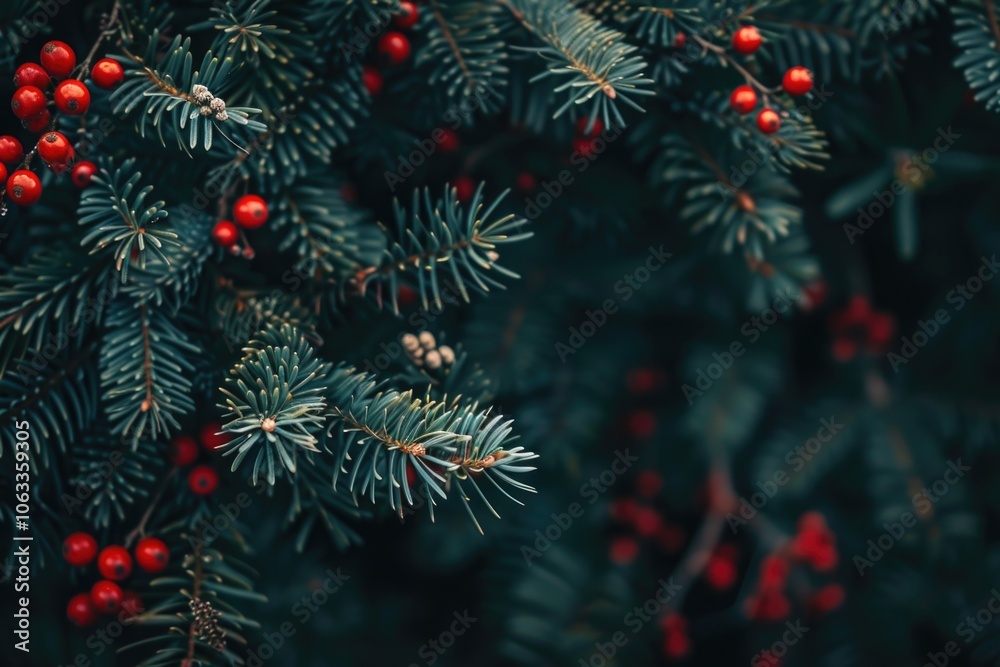 Poster a close-up view of a pine tree branch covered in bright red berries