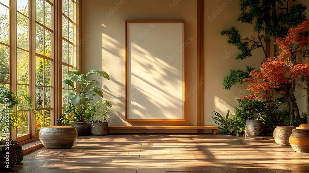 Poster floating acrylic frame mockup displayed in a minimalist japanese-inspired interior setting,featuring