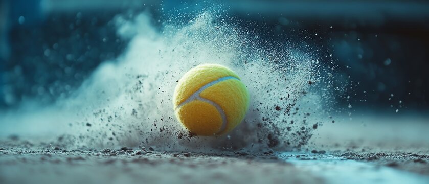 Engaging low angle shot of a tennis ball hitting a white court line, creating a dramatic dust cloud, highlighting the energy and movement in tennis, vibrant scene