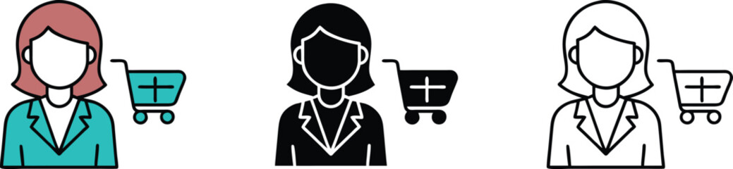 Woman Shopping Cart Add Icon Business Illustration