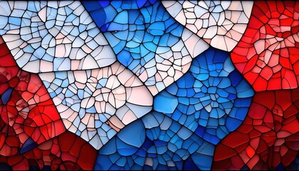Bold and Patriotic Stained Glass Inspired Mosaic in Red, White, and Blue. Abstract American Flag Design Ideal for USA Themed Projects, Independence Day Decor, and Symbolic Americana Artwork