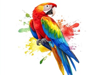 Fototapeta premium A colorful macaw parrot perched on a branch with vibrant watercolor splashes in the background.
