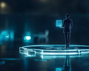 Businessman with Virtual Assistant Hologram Organizing Tasks and Calendar Symbolizing AI Driven Efficiency in Corporate World