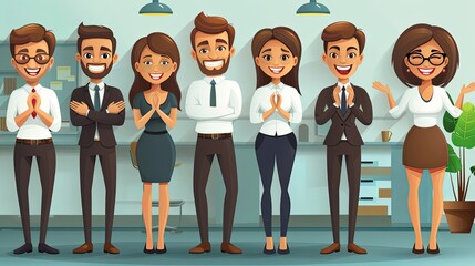 A team celebrating a successful business project, clapping hands, smiling, professional attire, modern office environment with sleek furniture and minimalistic decor