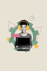 Vertical photo collage of happy american girl wear headphones call center operator hold laptop star rate isolated on painted background