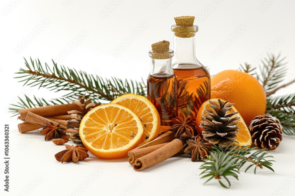 Poster a bottle of essential oil sits next to pine cones and oranges on a table for a relaxing home spa exp