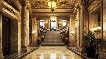 Fototapeta premium A historic palace with grand staircases, marble columns