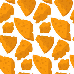 pattern of various cubes and triangular pieces of yellow cheese with holes. a flat illustration of cheeses in different positions, in groups and individual slices, texture of pieces of dairy products.