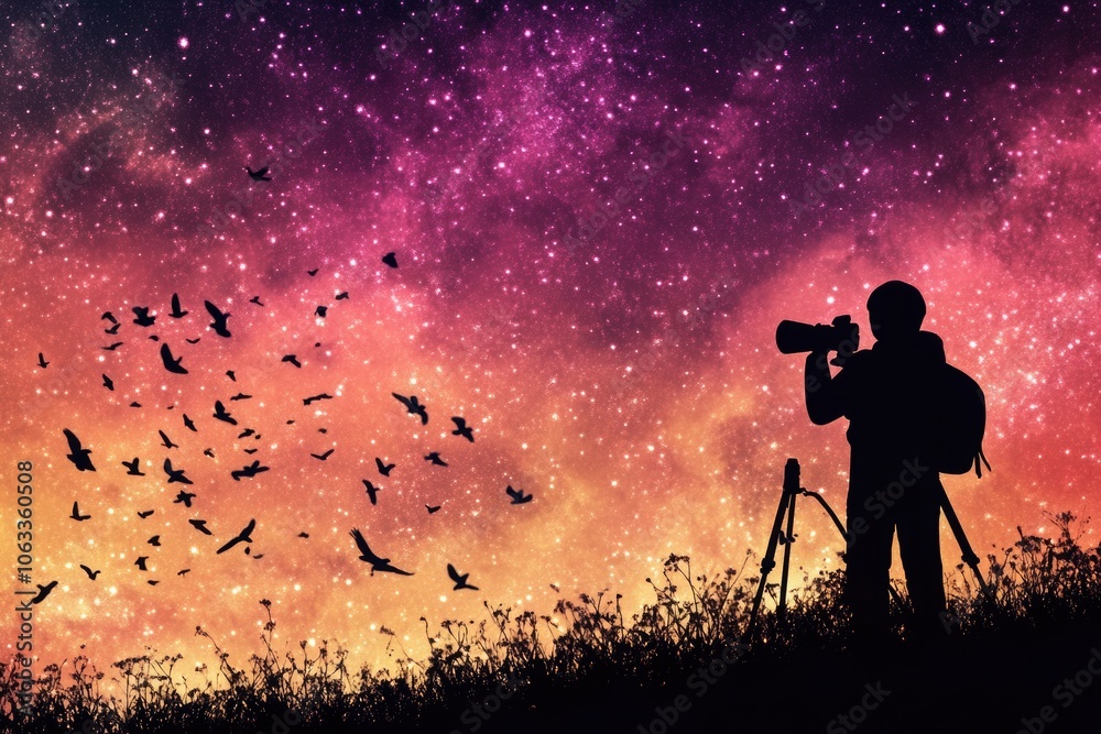 Aufkleber a person photographing a group of birds in flight, with a camera and a steady gaze