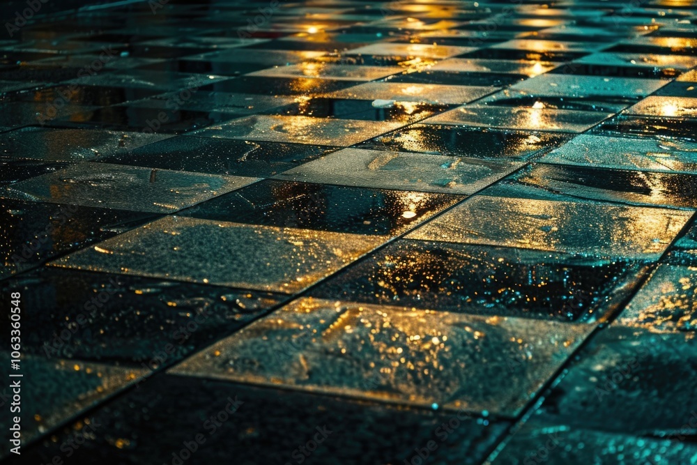 Poster a close-up of a checkered floor with raindrops glistening on the surface