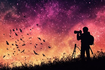 A person photographing a group of birds in flight, with a camera and a steady gaze
