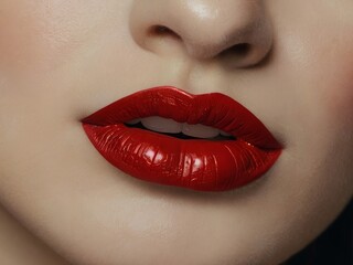 Obraz premium Female lips with red lipstick close-up.