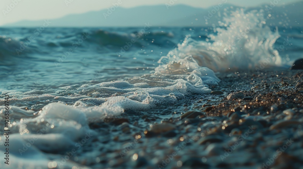Poster a detailed view of a crashing wave on a sandy beach, ideal for use in travel or nature-themed projec