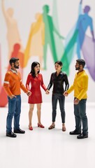 Obraz premium Colorful representation of diverse individuals joining hands symbolizing an inclusive work environment valuing equality and mutual respect