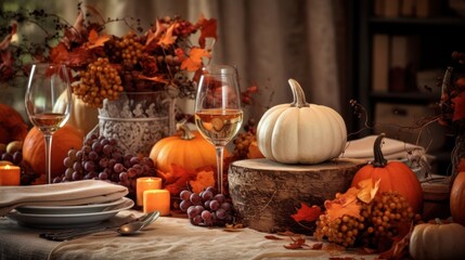 Autumn Thanksgiving Dinner Table Setting with Pumpkin and Candles