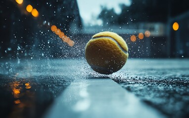 Low angle perspective of a tennis ball impacting a white court line, dust particles scattering, dramatic lighting, capturing the intensity of the match