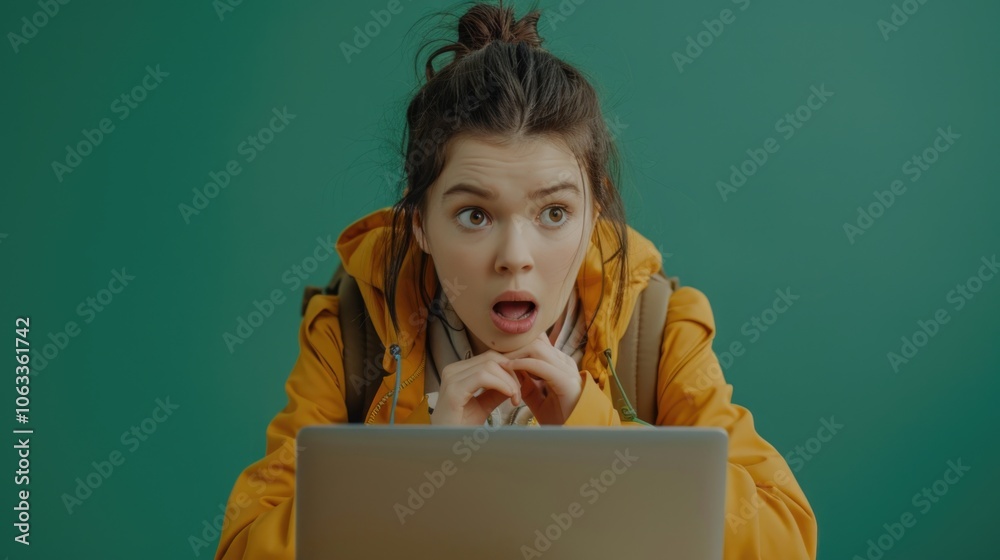 Poster a person with a surprised expression looks at a laptop, possibly discovering something unexpected