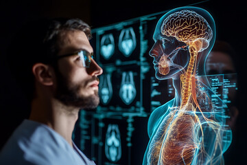 A glowing hologram of the entire human body, showcasing detailed anatomical structures with a futuristic, digital appearance.