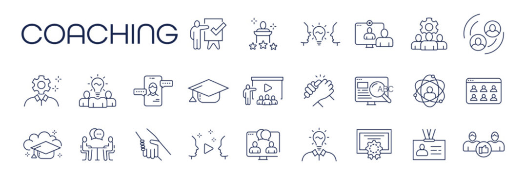 Set of 24 line icons related to training, coaching, mentoring, education, meeting, conference, teamwork. Outline icon collection. Editable stroke. Vector illustration