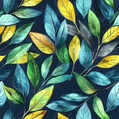 Seamless pattern of colorful leaves in shades of green, blue, and yellow on a dark blue background