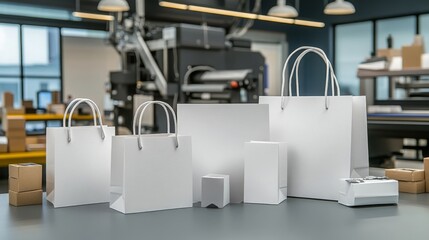 Blank White Paper Shopping Bags on Table