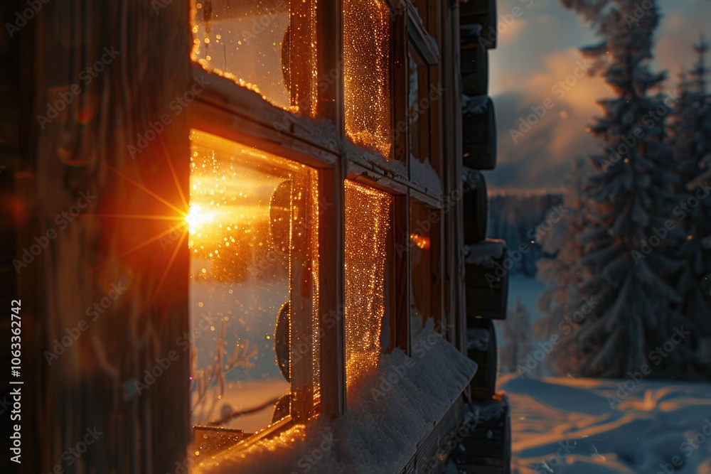 Poster a warm and cozy scene with sunlight streaming through a cabin window