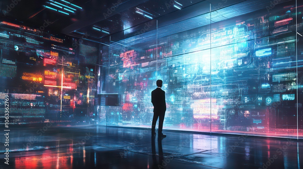 Poster The Metaverse digital cyber world technology concept is the result of a successful collaboration between a businessman and an architect and his team, with a dashboard interface bridging the real