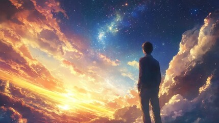Obraz premium A person standing on a hill, looking up at the sky