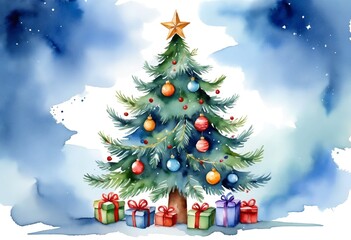 Festive watercolor Christmas tree with beautiful decorations on a blue background. For holiday greeting cards and New Year invitations