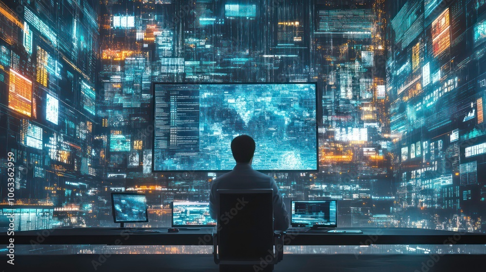 Poster A person sitting at a desk, surrounded by screens displaying data and digital information.