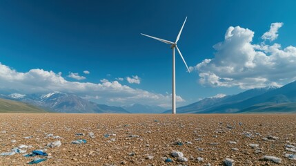 Wind turbine stands tall in a barren landscape under a vibrant blue sky, AI