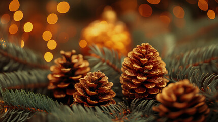 Christmas bokeh background with tree, golden pine cone, gold baubles, a festive but serene mood, for a Christmas card	
