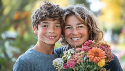 A loving mother wrapping her arms around her son on Mothers Day, a bouquet of flowers in hand, emphasizing the bond between them, bright and cheerful setting