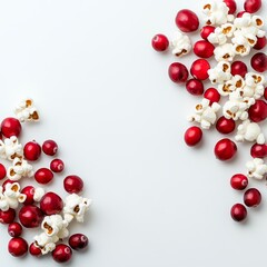 Obraz premium Colorful popcorn and red candies scattered on a white background.