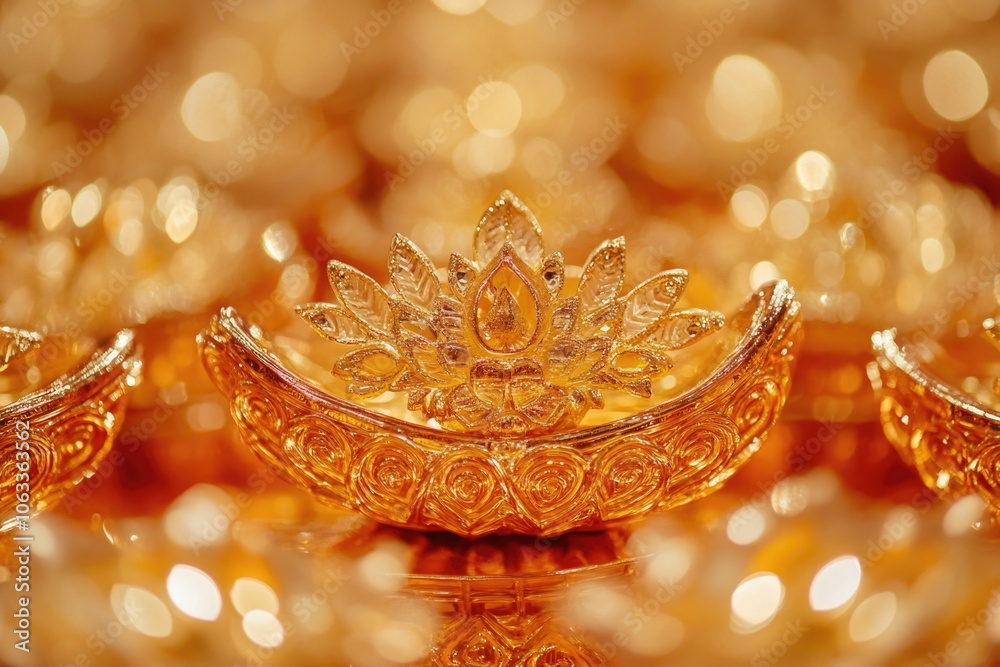 Poster a close-up view of a golden bowl on a table, perfect for showcasing decorative pieces or adding a to
