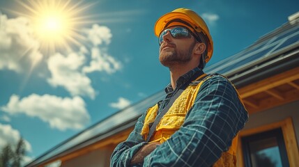 Obraz premium A worker stands on-site wearing safety gear, looking up at the sun while overseeing the installation of solar panels on a new home, enjoying the bright weather.