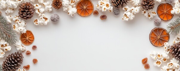 Pinecones, dried oranges, and white elements on a white isolated background.