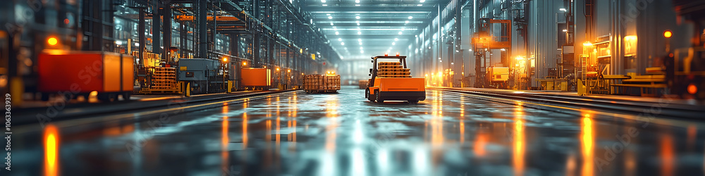 Poster Illuminated industrial warehouse interior with rows of cargo containers and heavy machinery in motion,creating a dynamic and technological scene of modern logistics and distribution