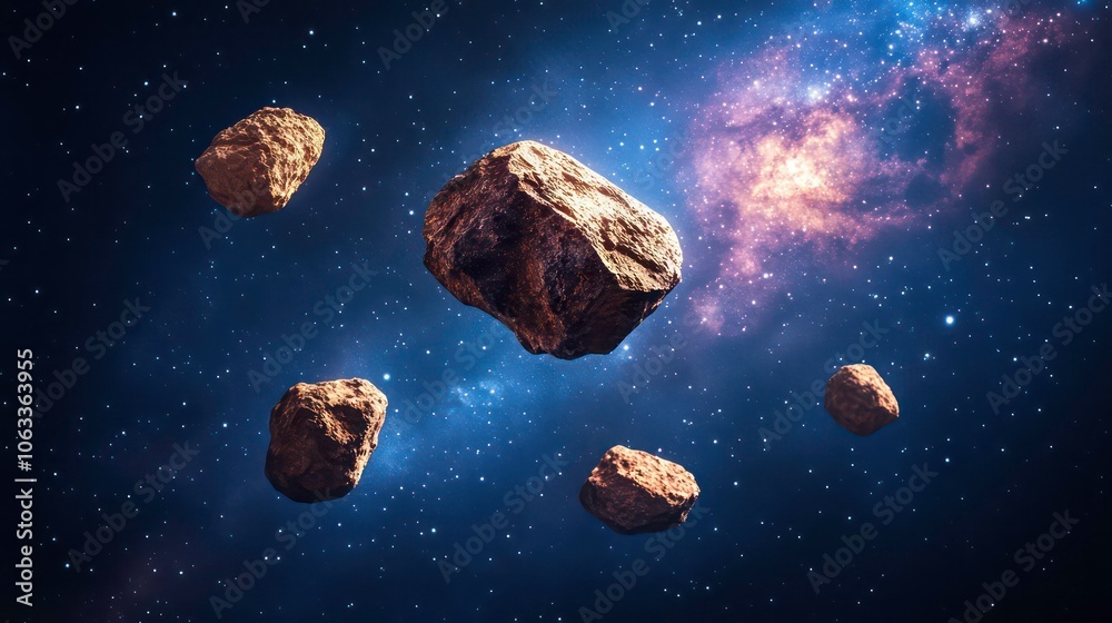 Poster The meteor asteroids stones floating in outer space on background with a galaxy in the background.