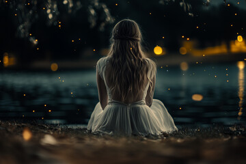 Obraz premium A beautiful girl in a white dress sits by the lakeshore at night and looking at the water...