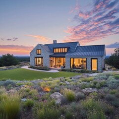 Obraz premium Modern Farmhouse with Stone Facade at Sunset, Tranquil Countryside Living Concept. Home Exterior