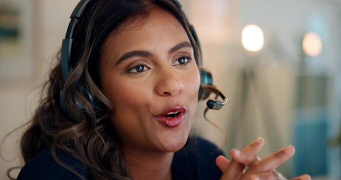 Call center, consultation and woman agent in office for inbound crm, sales and telemarketing. Customer support, headset and female advisor with multilingual technical service for client translation.
