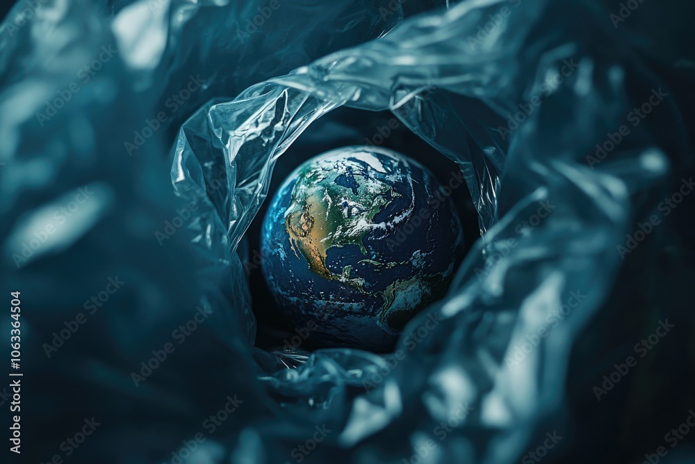 Poster a close-up view of a plastic bag containing the earth, often found in pollution and environmental is
